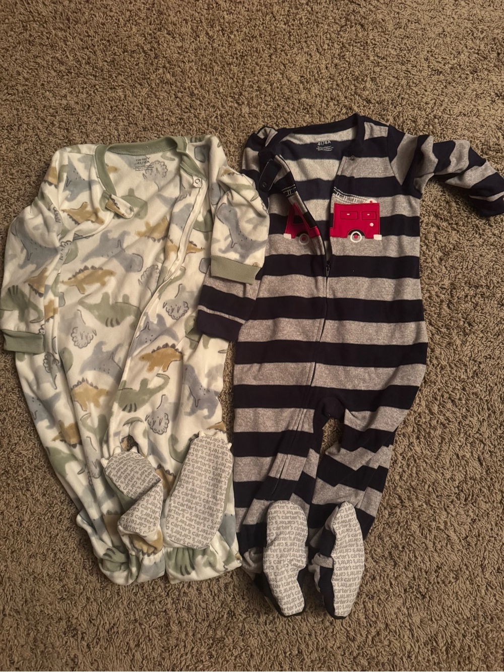 2 Carter's Navy and Gray Striped Footed One-Piece with Red Firetruck